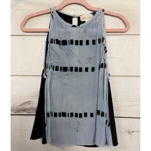 LAURA SIEGEL‎ Womens XS Black Light Blue Handprinted Silk Tank Top